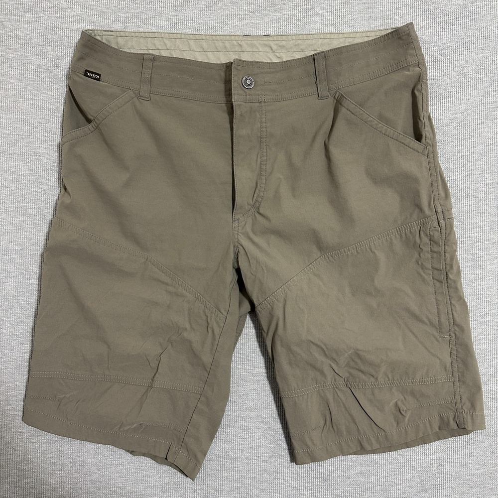 KUHL Renegade Cargo Shorts Mens 38 Khaki Green Nylon Stretch Hiking Outdoor 12in